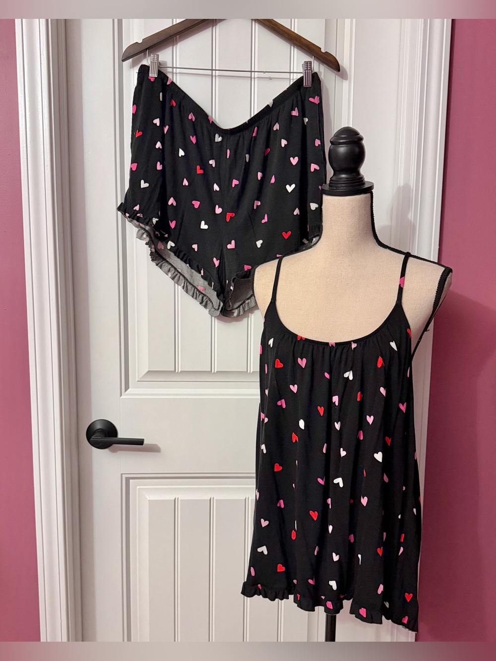 Joyspun Star Print Pajama Set Size XL Black Pink Heart
